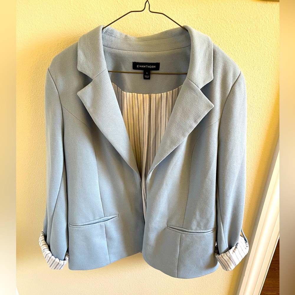 Light blue boyfriend style blazer with striped accent